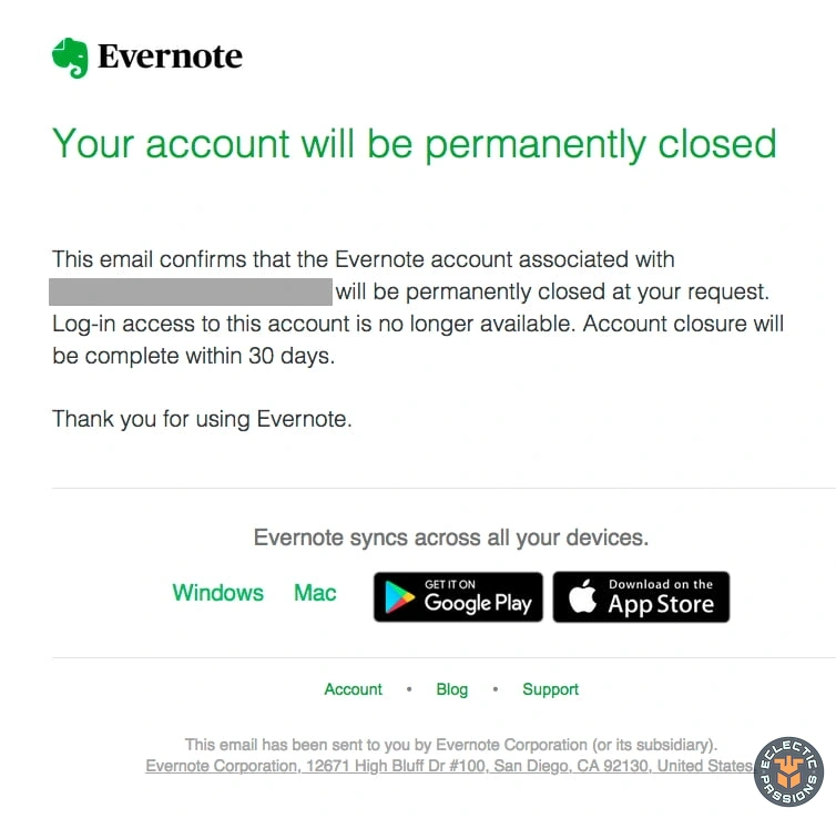 delete evernote account confirmation