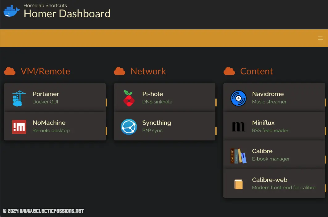 Screenshot of a Homer dashboard of selfhosted services. It includes Portainer, NoMachine, Pi-hole, Syncthing, Navidrome, Miniflux, Calibre, Calibre-web.