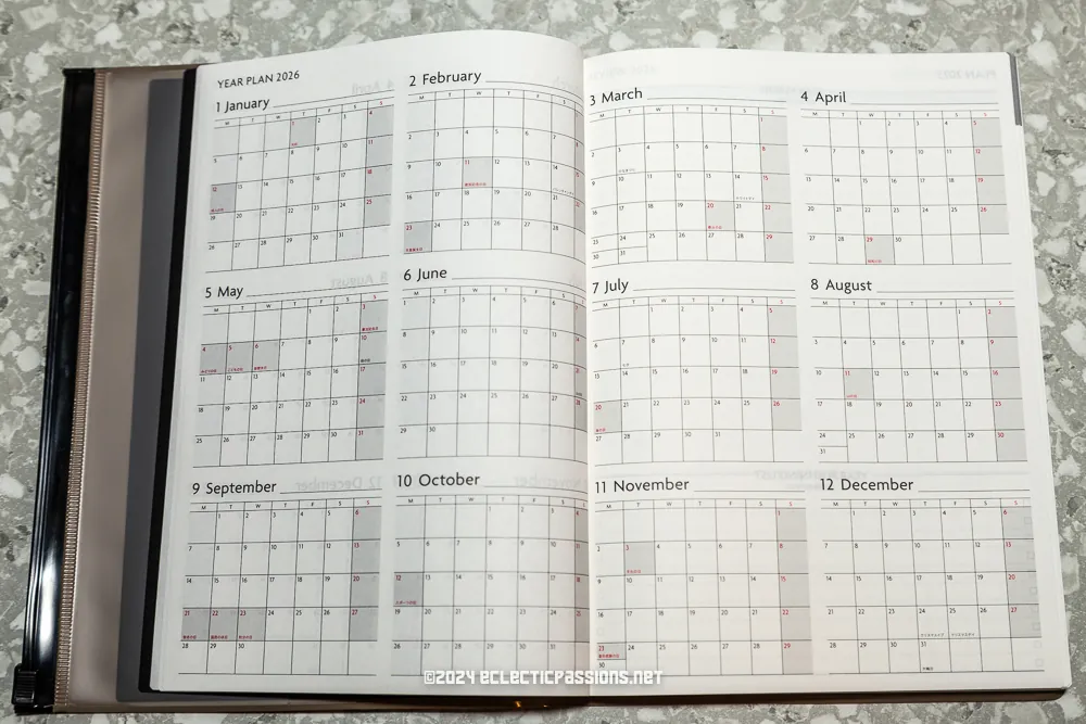 Open planner showing a full yearly calendar for 2025. Each month from January to December is displayed in a grid format. The planner is laid on a gray speckled surface.