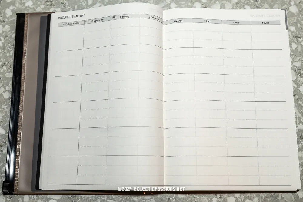 An open planner notebook showing a project timeline spread, with columns for project name, December, January, March, April, May, and June. The pages are blank, and the background is a speckled surface.