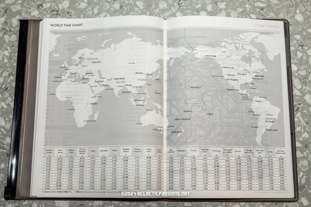 Open book showing a world time chart with a world map displaying various cities and their corresponding time zones. The page is set against a speckled surface background.