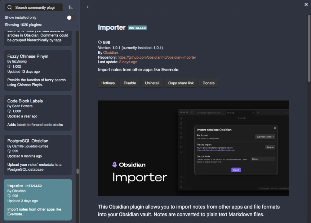 Screenshot of Obsidian Importer Plugin