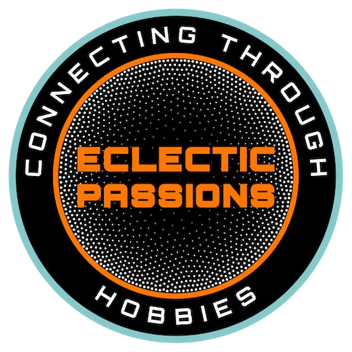 Circular logo with the words "Connecting Through Hobbies" around the edge. Inside, "Eclectic Passions" is written in bold orange text on a dotted background. The circle has a light teal border.