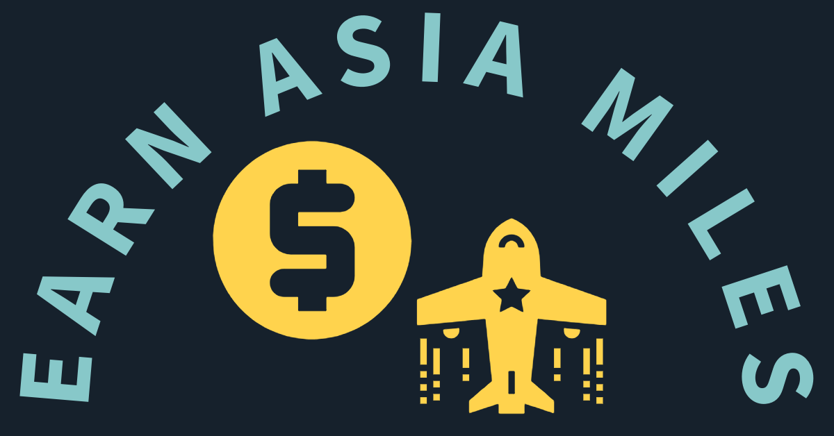 The image shows the words "EARN ASIA MILES" surrounding a yellow dollar symbol and a yellow airplane icon, highlighting how to earn Asia Miles for free flights, all set against a dark background.