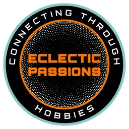 A circular logo with the words "Connecting Through Hobbies" around the edge and "Eclectic Passions" in bold orange text in the center.